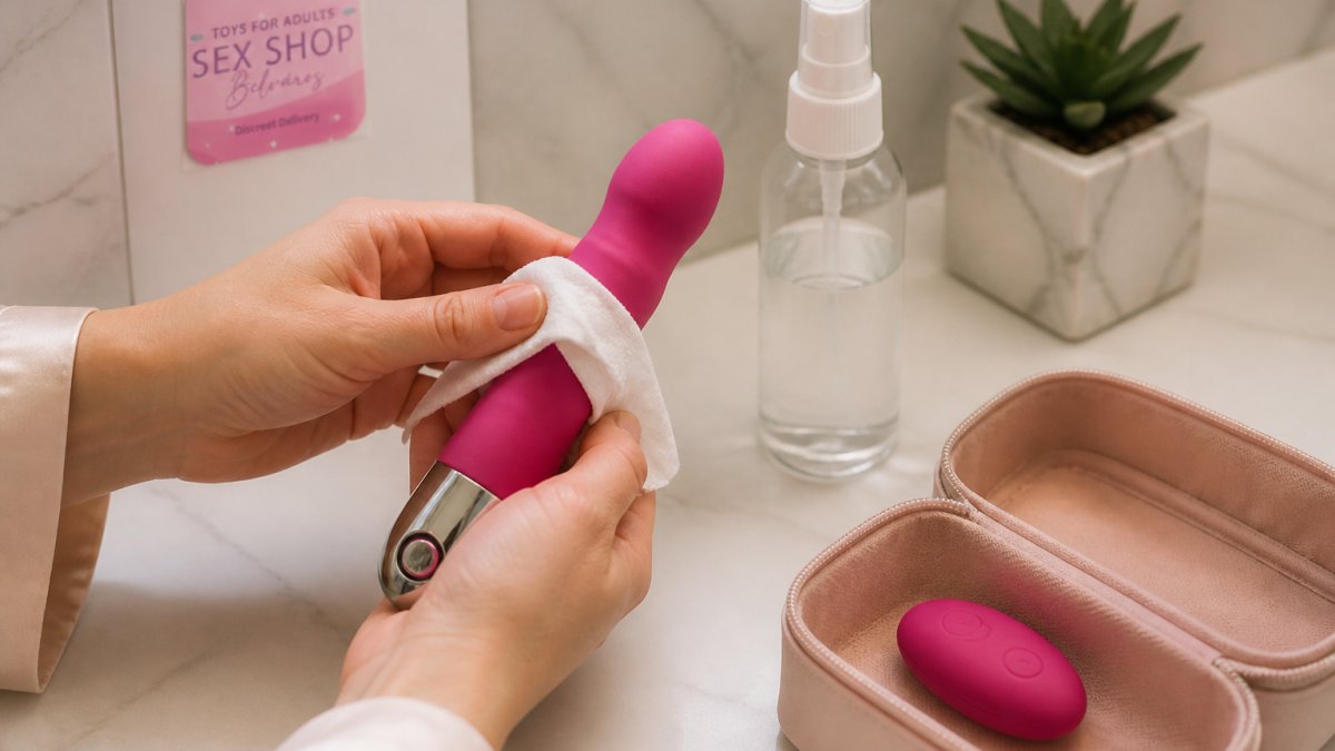 Close-up of hands cleaning a smooth silicone vibrator with a soft cloth next to a bottle of toy cleaner on a bathroom counter, discreet and tasteful styling, no faces visible